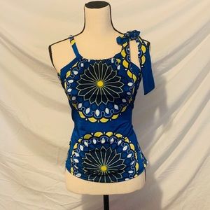 Blue top with navy/yellow mandalas.